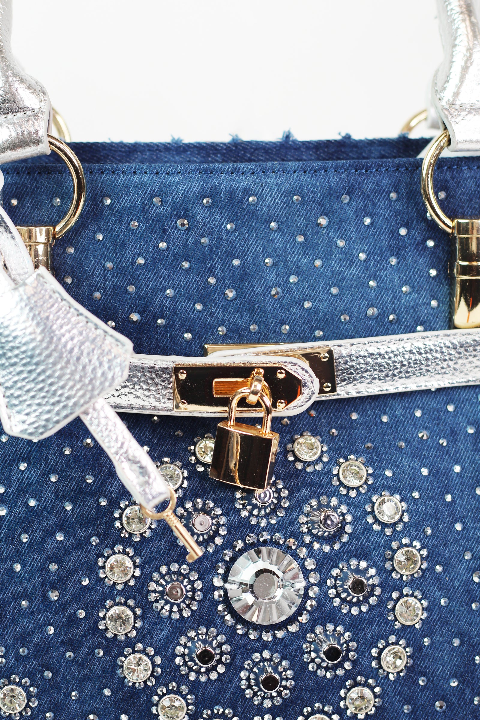 Denim & Woven Purse w/ Stone Circles & Lock Strap