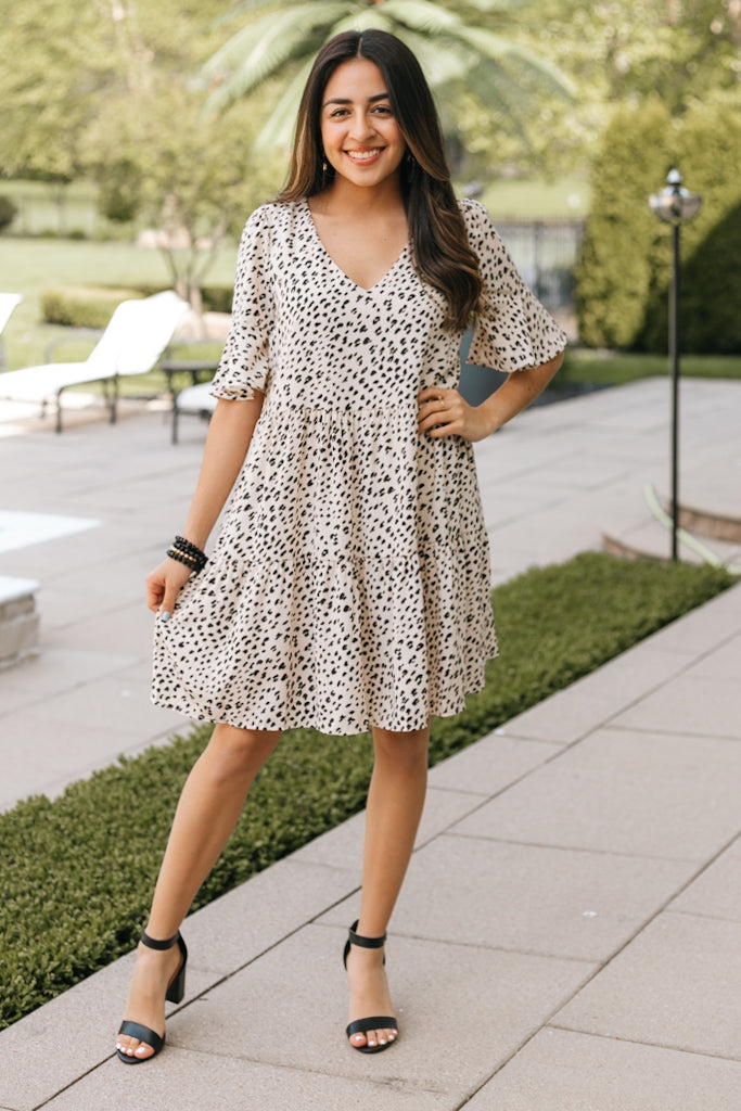 Flounce Sleeve V-Neck Cheetah Print Dress (SALE)