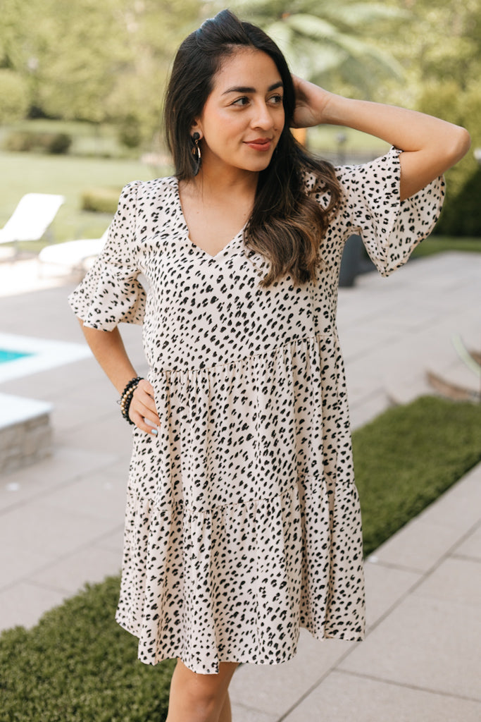 Flounce Sleeve V-Neck Cheetah Print Dress (SALE)