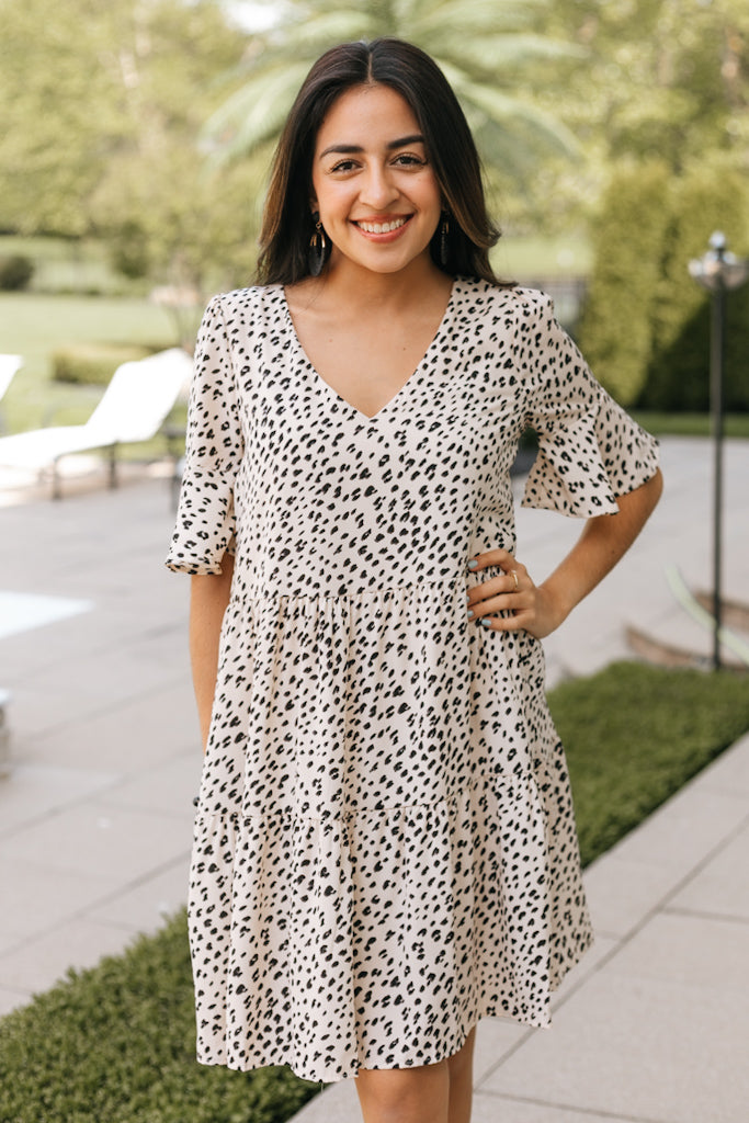 Flounce Sleeve V-Neck Cheetah Print Dress (SALE)