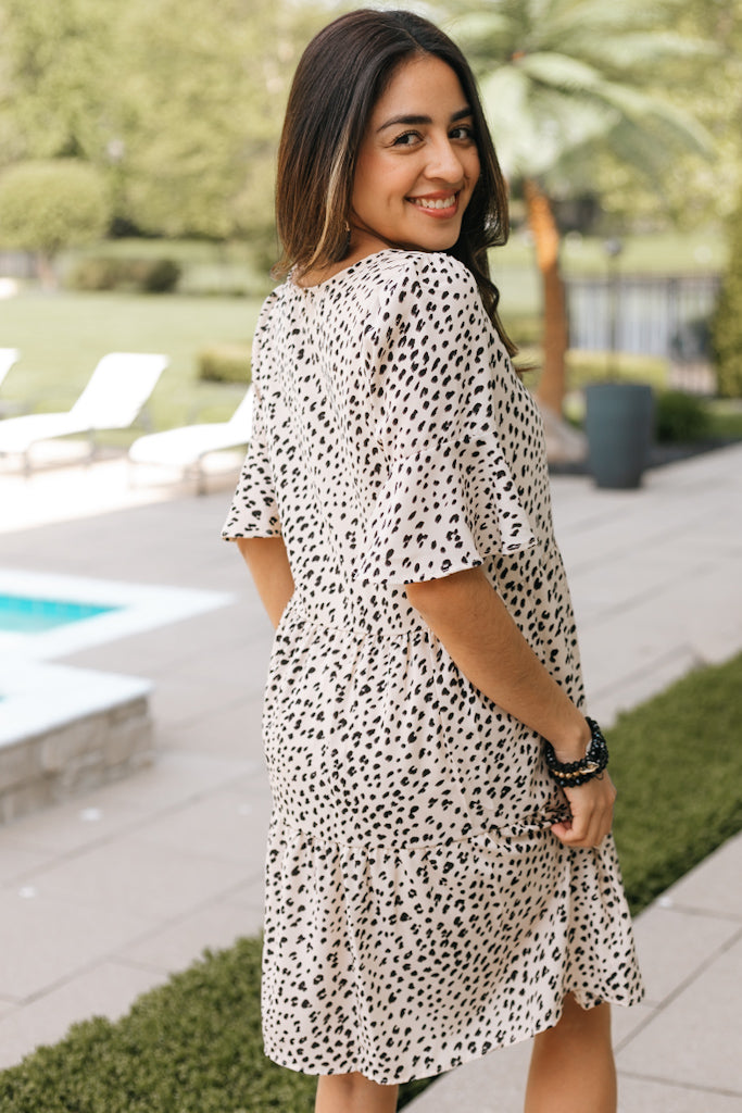 Flounce Sleeve V-Neck Cheetah Print Dress (SALE)