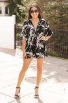 Floral Pattern Bell Sleeve Romper With Front Tie