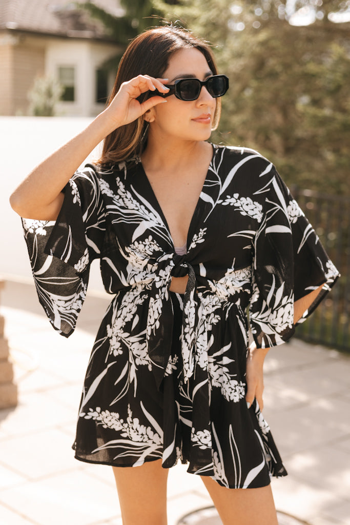 Floral Pattern Bell Sleeve Romper With Front Tie