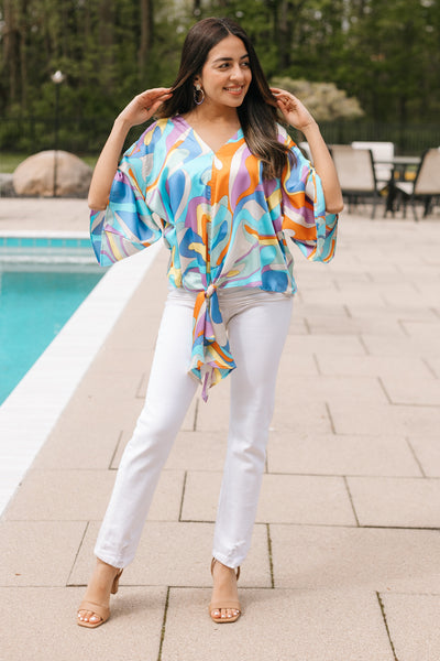Wave Front Tie V- Neck Top With Bell Sleeves