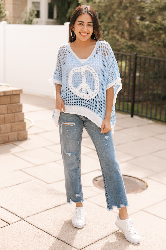 Knitted V-Neck Peace Sign Top