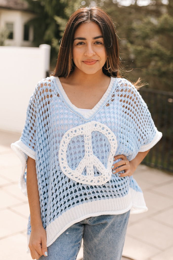 Knitted V-Neck Peace Sign Top