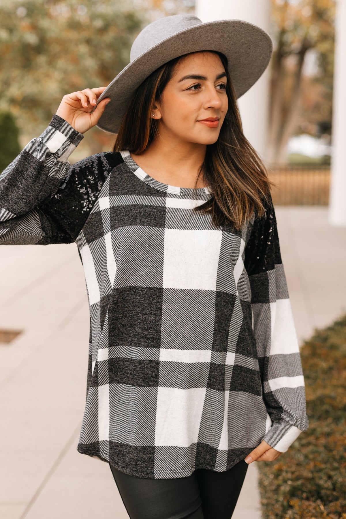 Plaid Long Sleeve with Sequin Shoulder