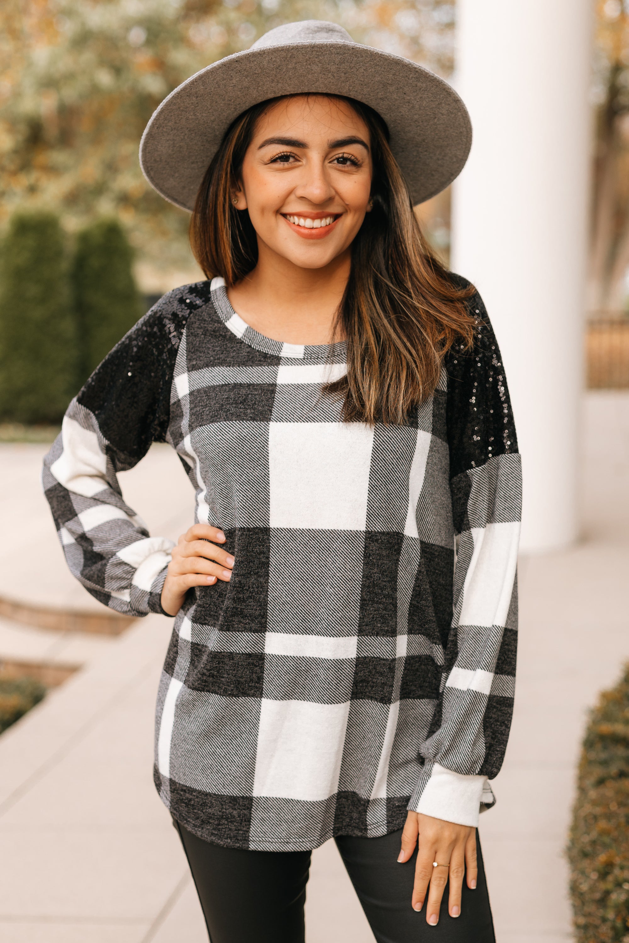 Plaid Long Sleeve with Sequin Shoulder