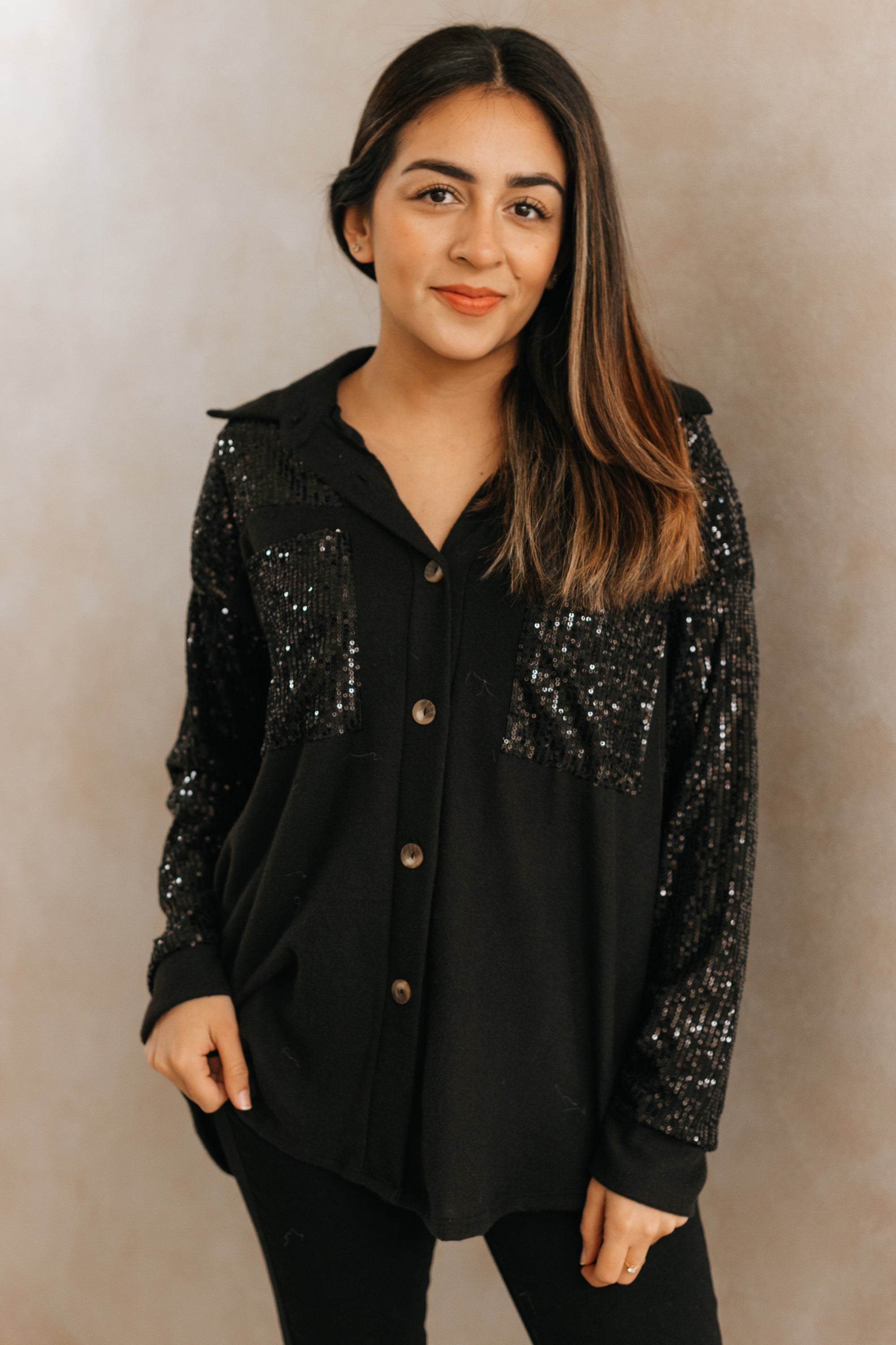 Sequin Contrast Button Down Shacket