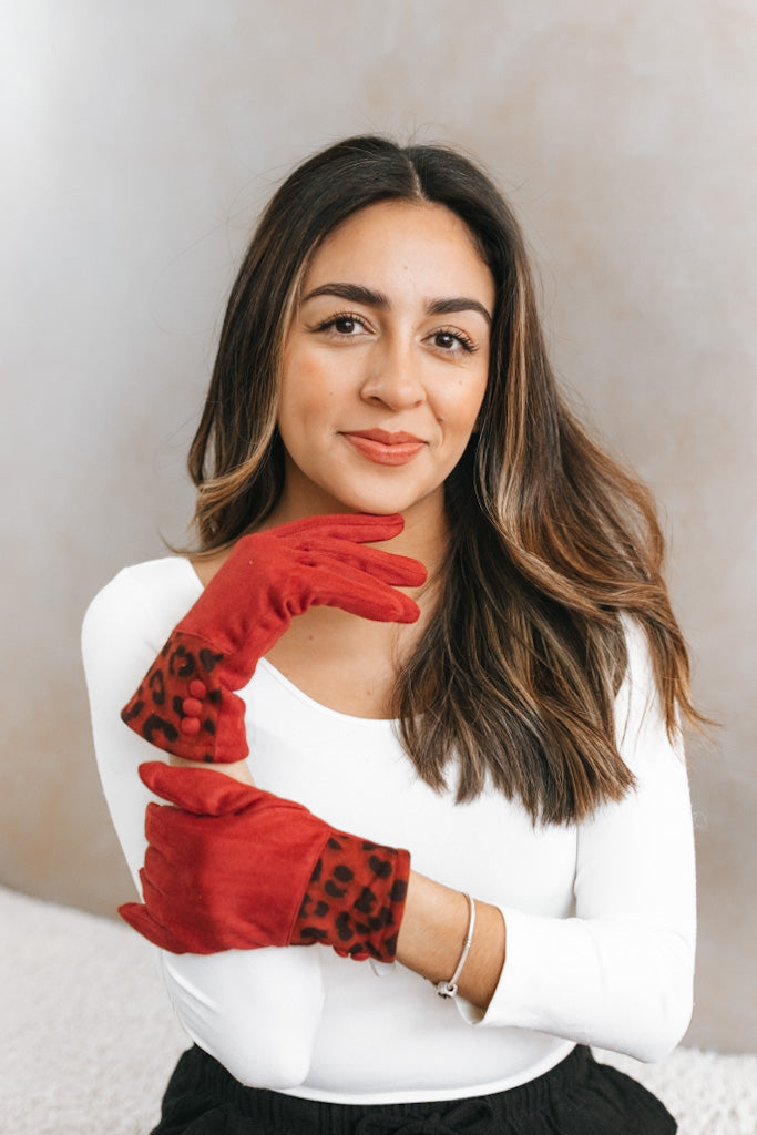 Faux Suede Leopard Gloves with Buttons
