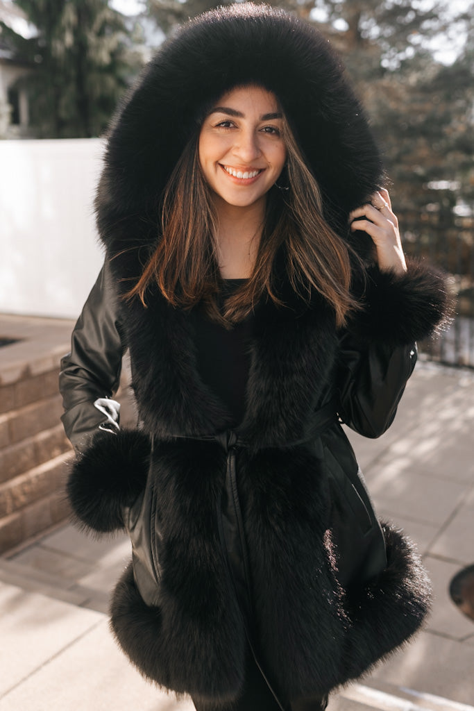 Faux Fur Trim & Leather Belted Jacket with Hood
