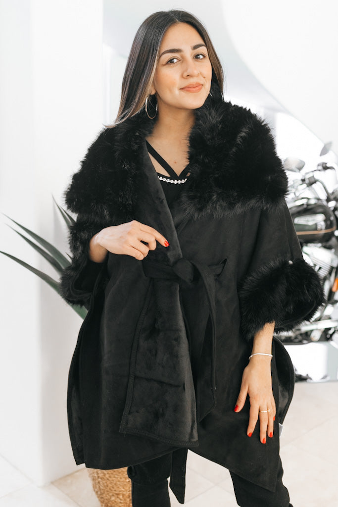 Faux Fur & Suede Belted Cape