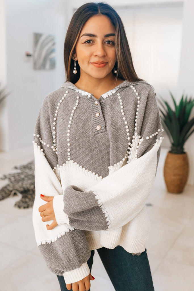 Hooded Button Down Sweater with Pearls