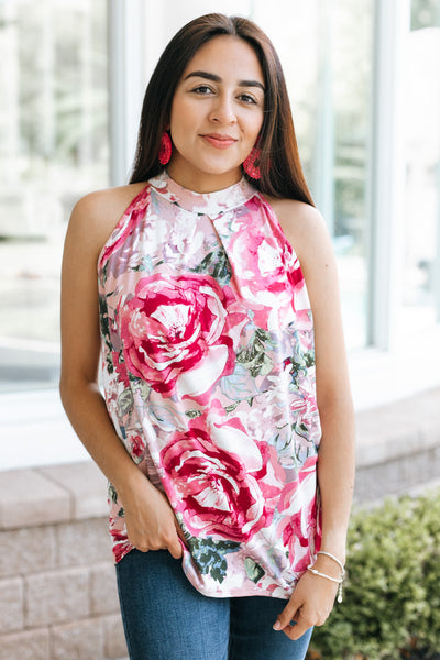 Rose Garden Print With Bow Tie Back Sleeveless Blouse