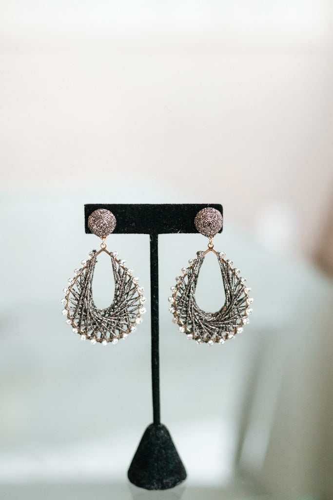 Metallic Weave Stone Trim Teardrop Earring