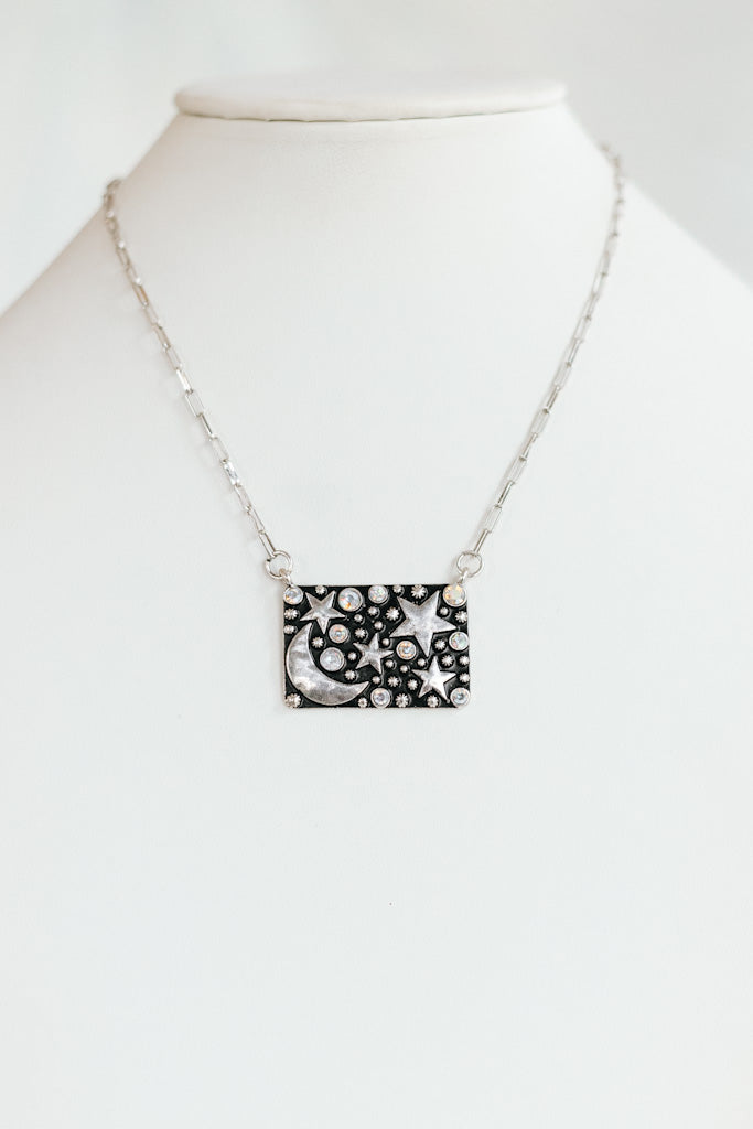 Stars, Moon &amp; Studs Rectangle Pendant Necklace