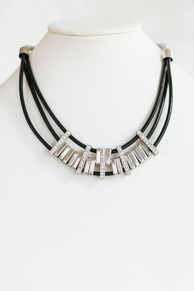 3 Leather Scoop Metal Bars Necklace