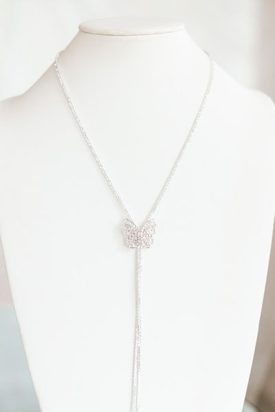 One Row Strand Rhinestone Butterfly Long Necklace