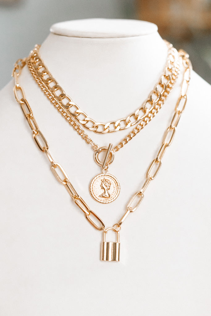 Triple Chain With Lock & Coin Necklace