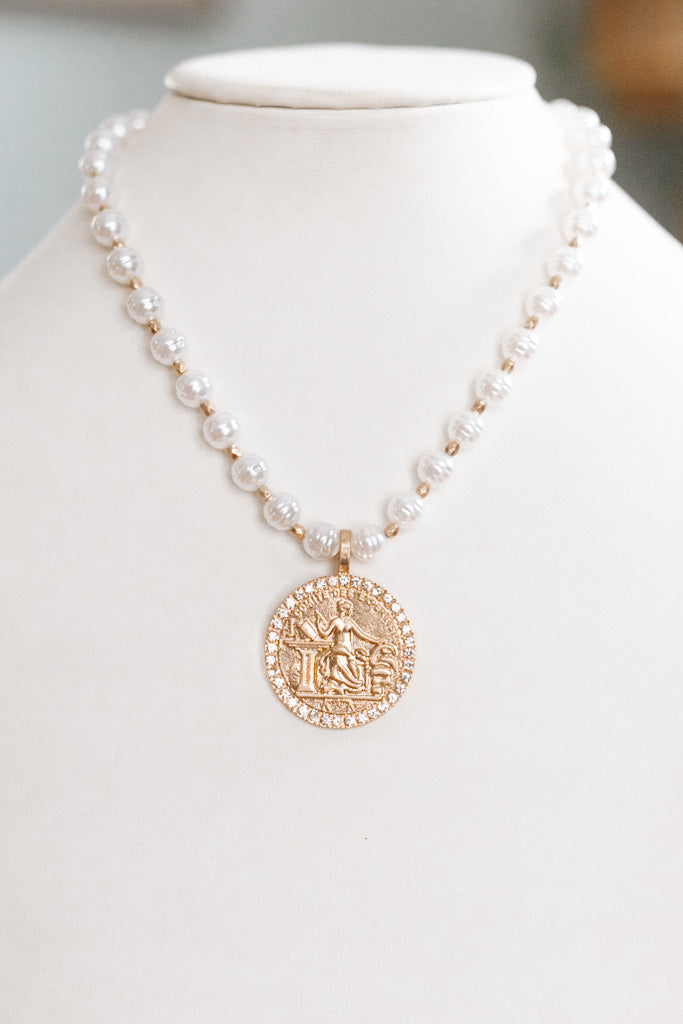 Crystal Trim Coin Pendant Pearl Necklace Set