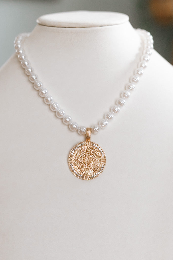 Roman Numerals Coin &amp; Pearl Necklace Set