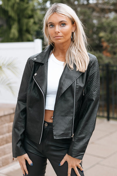 Faux Leather Quilted Accent Biker Jacket