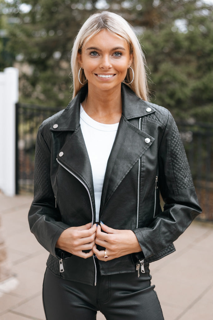 Faux Leather Quilted Accent Biker Jacket