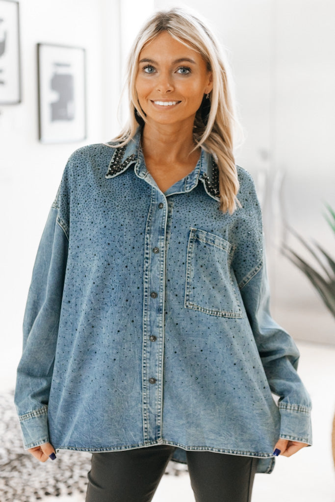 Denim Scattered Rhinestone Button Up Top