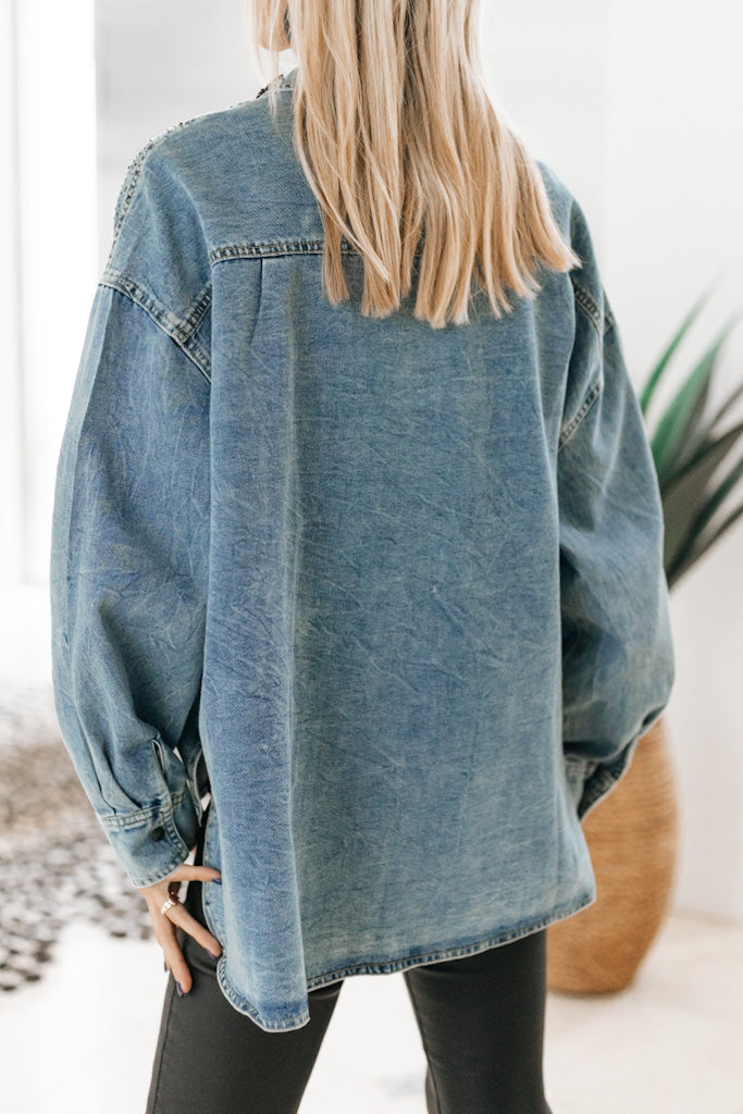 Denim Scattered Rhinestone Button Up Top