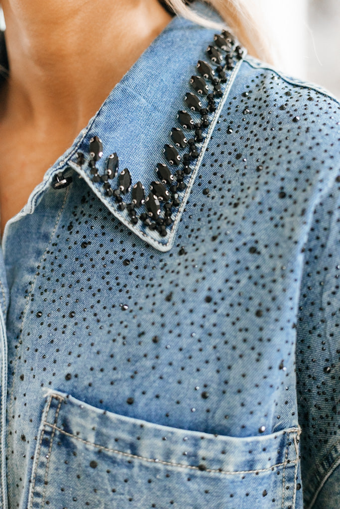 Denim Scattered Rhinestone Button Up Top