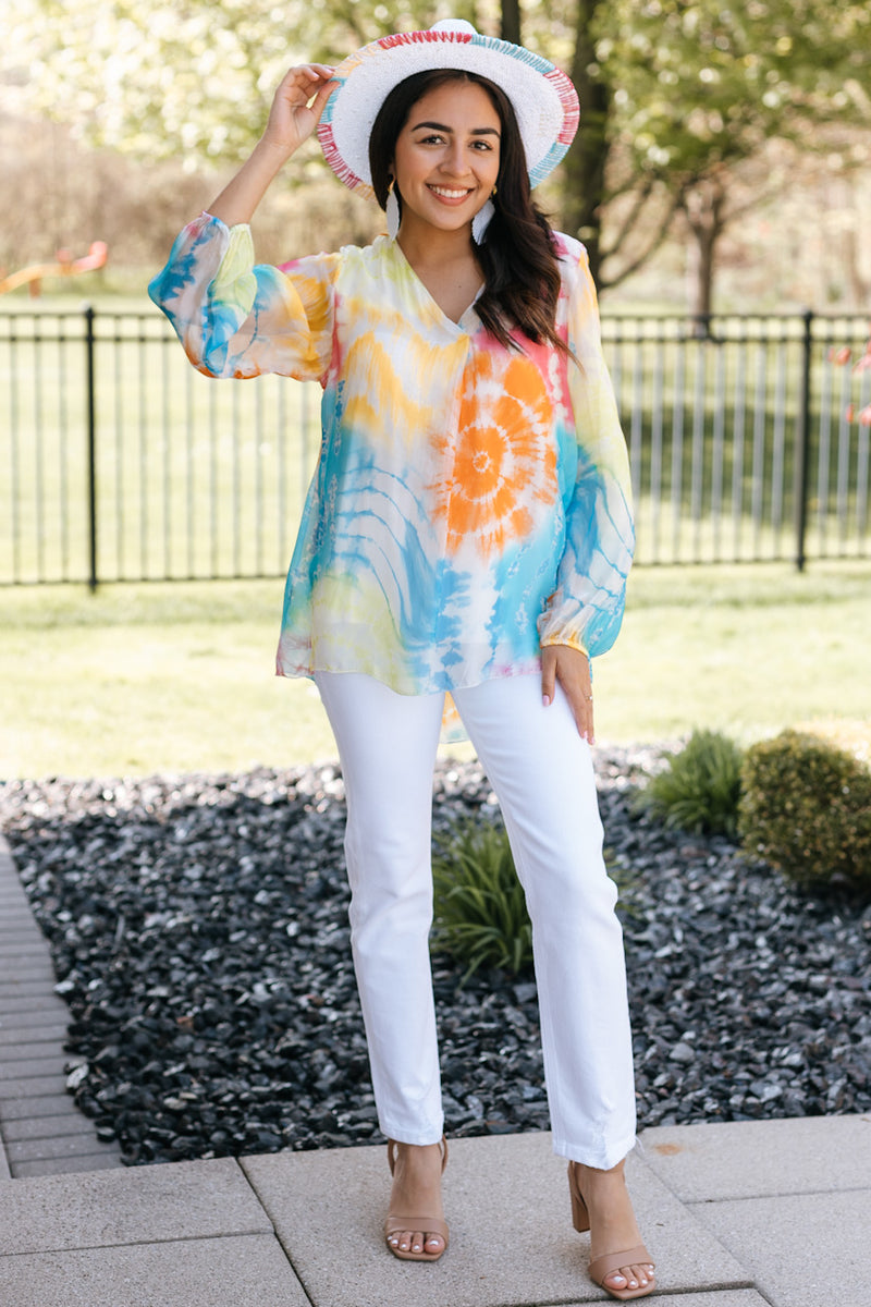 Silky Tie Dye V Neck Blouse