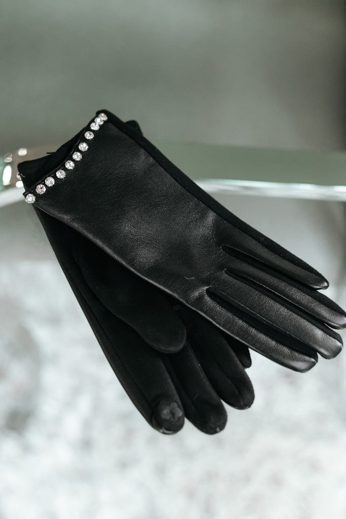 Faux Leather Rhinestone Trim Gloves