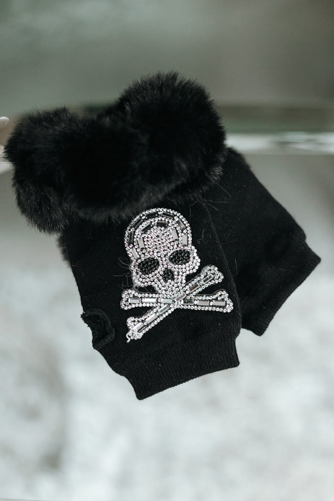 Fur Trim Rhinestone Skull Fingerless Gloves