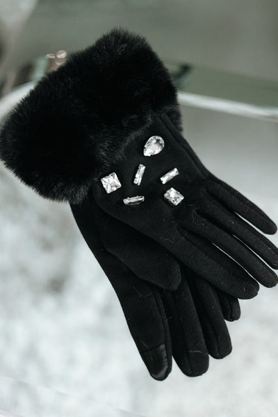 Different Shape Stone Faux Fur Trim Gloves