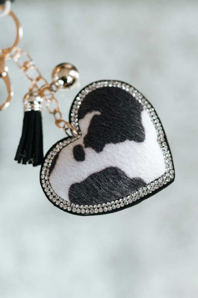 Short Hair Cow Print Puffy Heart Keychain