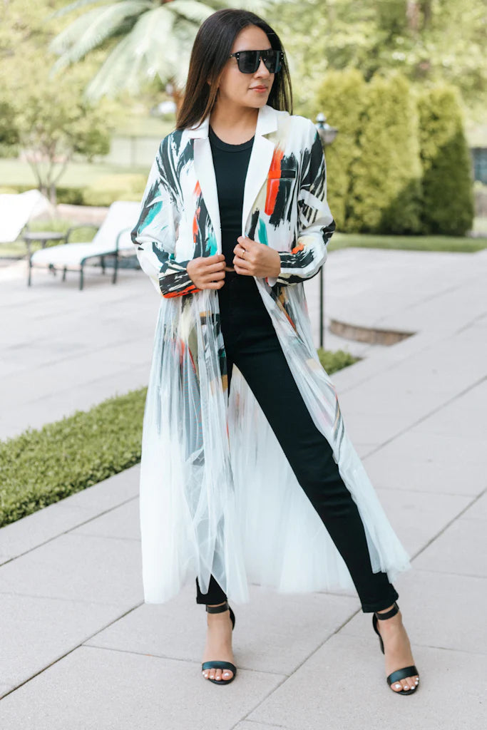 Painted Brushstroke Collared Tulle Duster