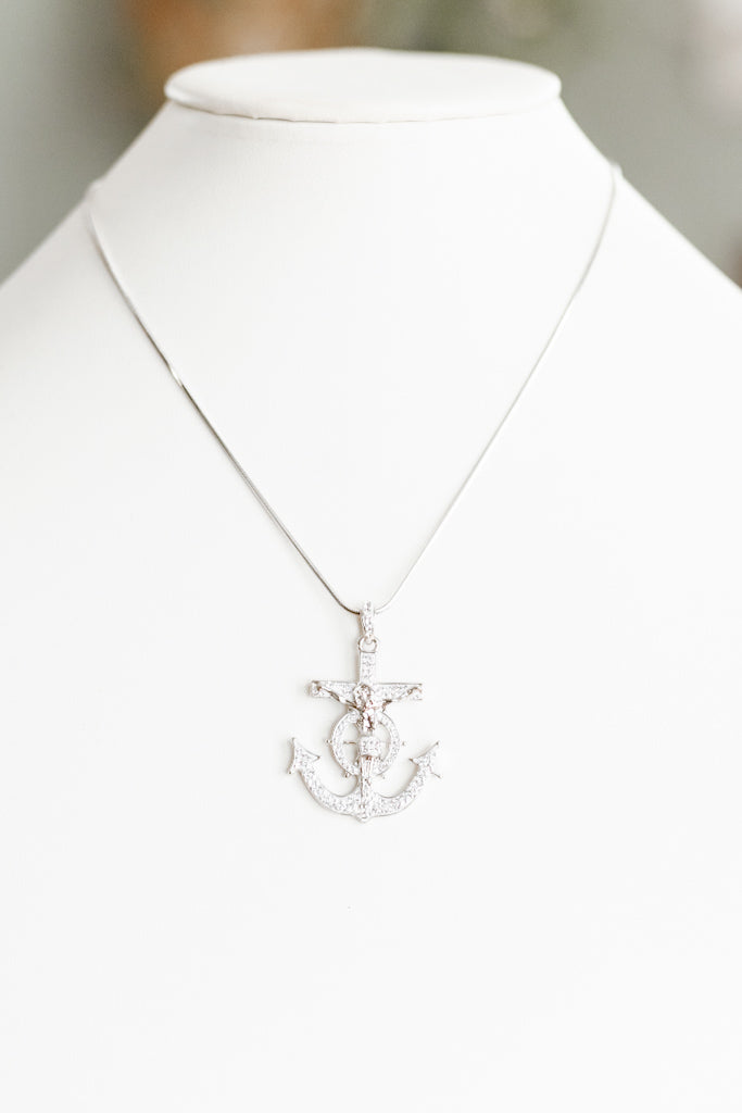 Cross & Wheel & Anchor Rhinestone Necklace