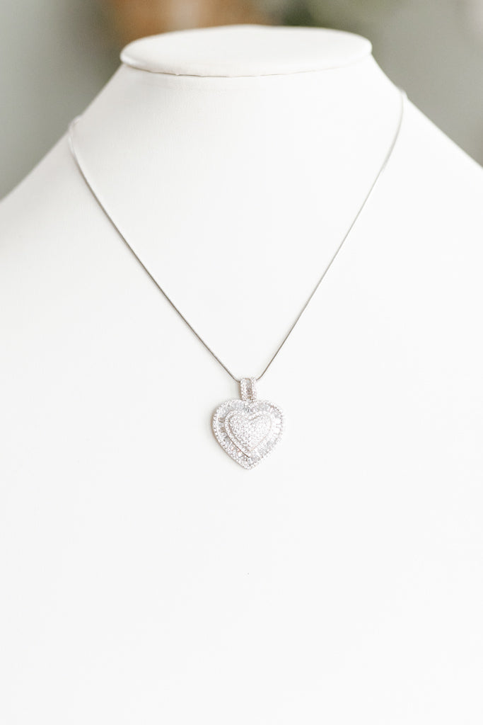 Raised Center Pave Heart Necklace with Baguette Surround