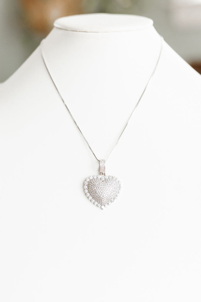 Round Stone Outlined Large Pave Heart Necklace