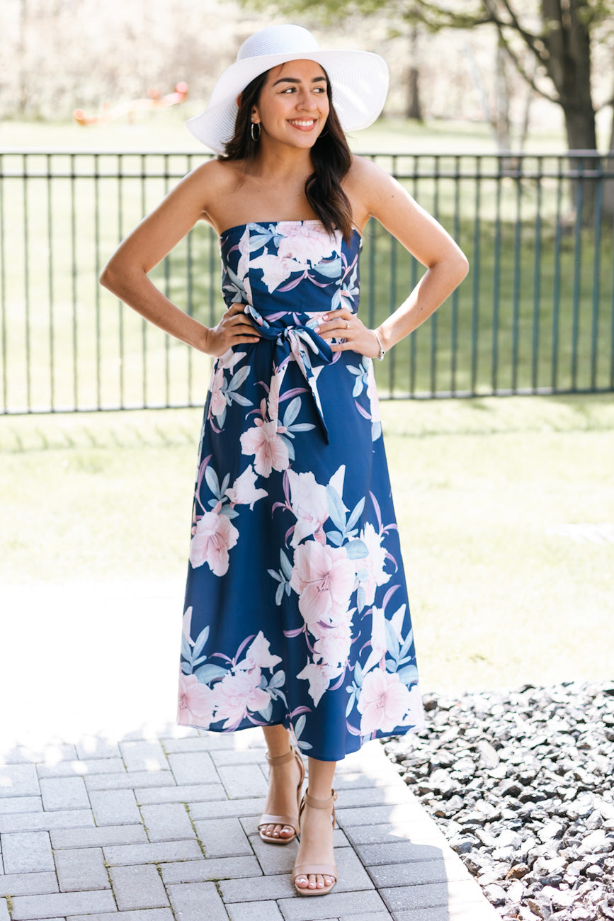 Strapless Floral Print With Belt Dress (SALE)