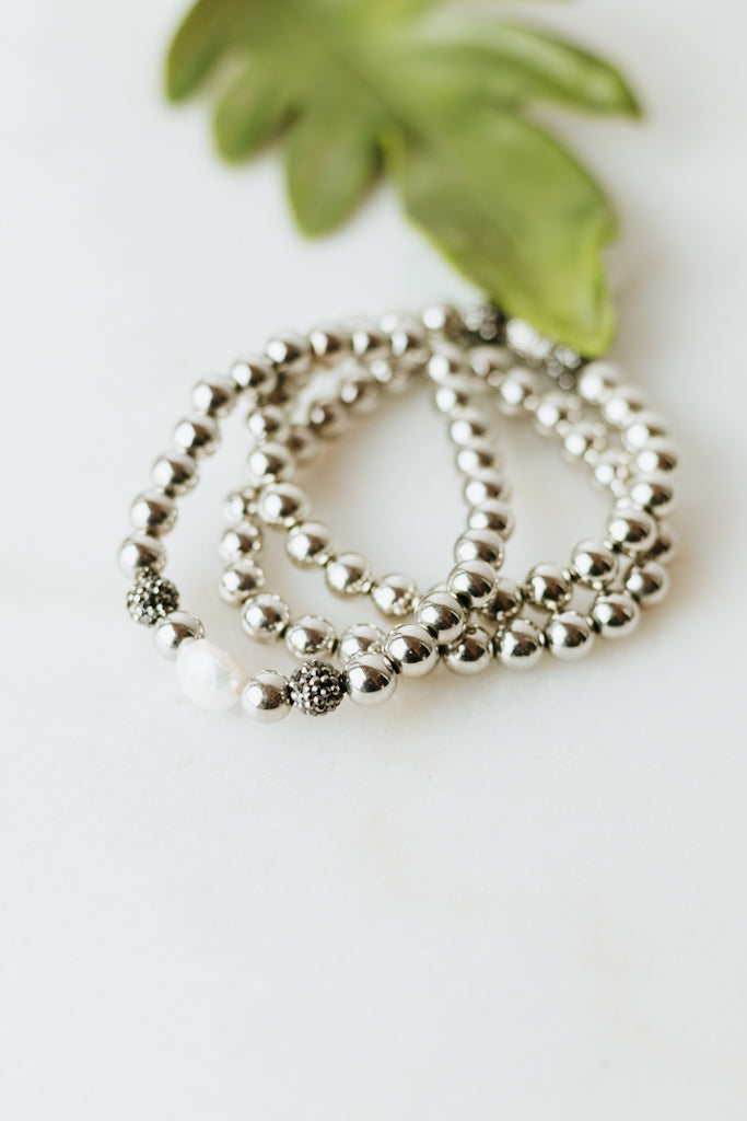 Three Shiny Bead, Pearl & Shamballa Bracelet Set