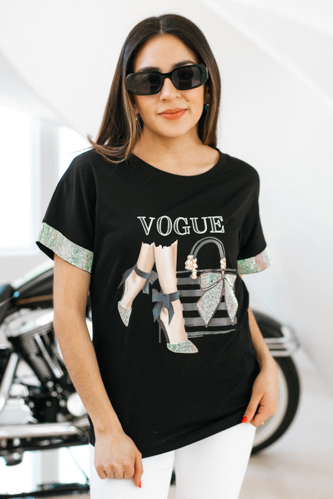 VOGUE Rhinestone Sleeve T Shirt with Shoes and Bag