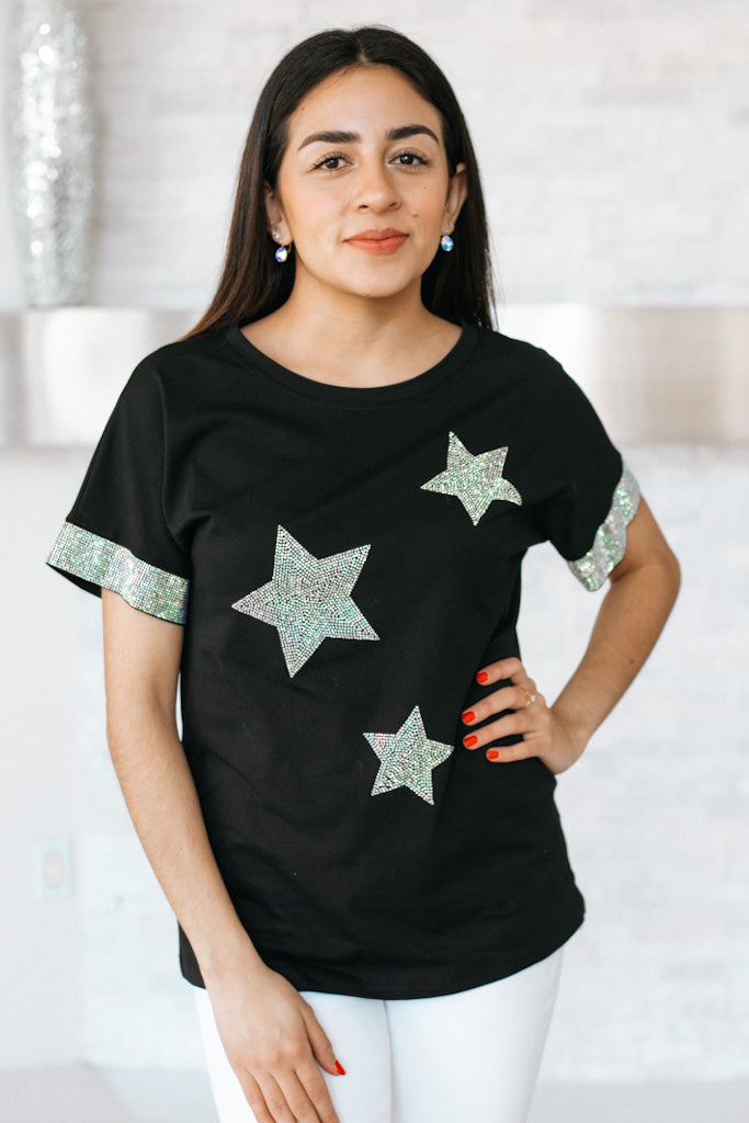 Rhinestone Sleeve 3 Star T Shirt
