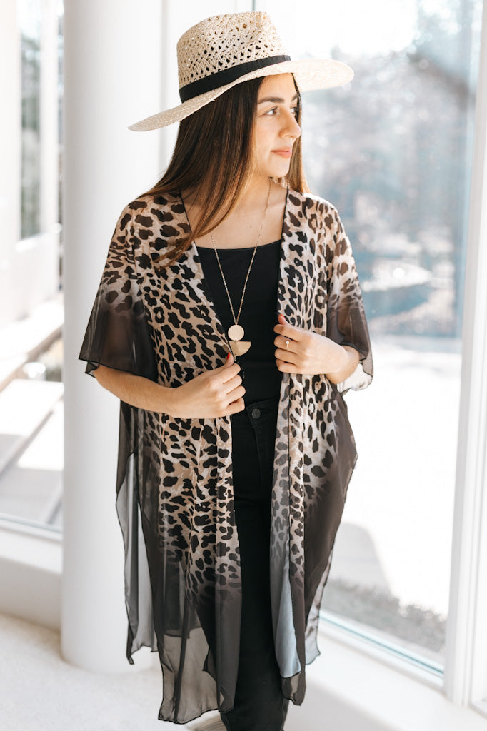 Sheer Leopard Print Ombre Kimono