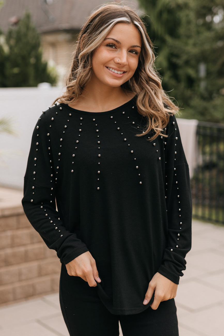 Long Sleeve Top with Pearl or Stud Accents