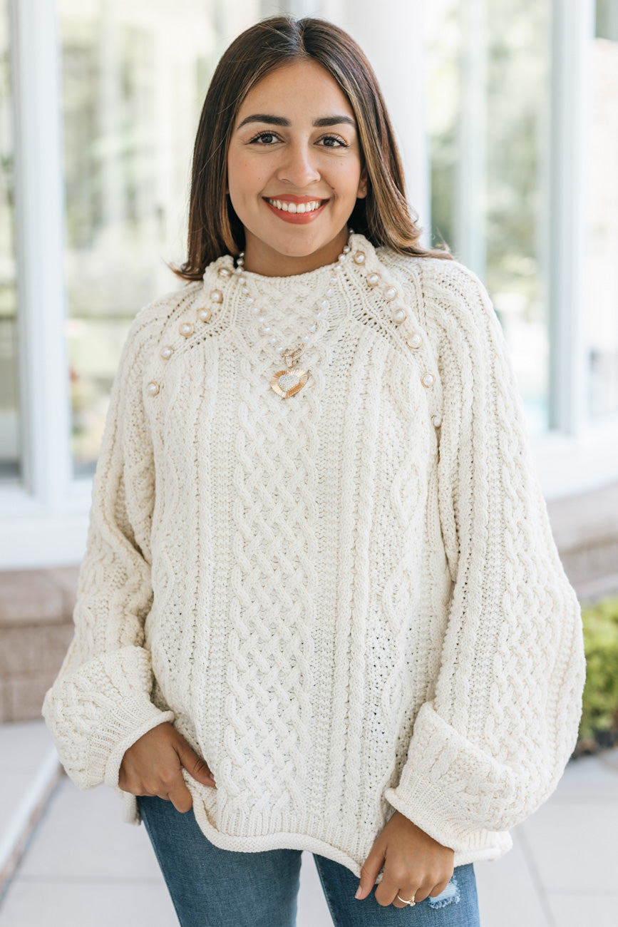 Cable Knit Sweater with Pearl Buttons