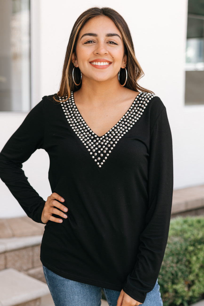 Studded V Neck Long Sleeve Top