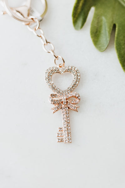 Rhinestone Heart Key With Bow Key Chain