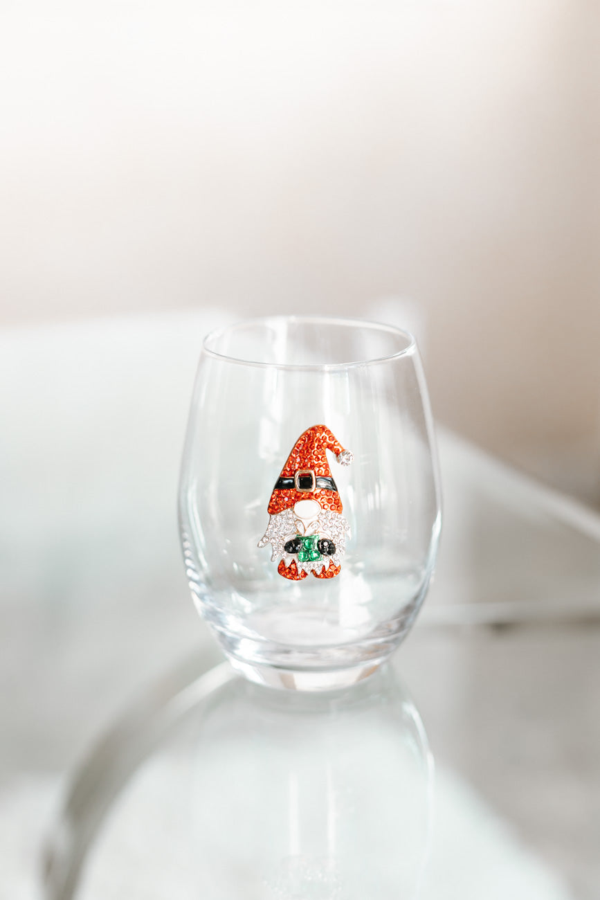Rhinestone Gnome Wine Glass