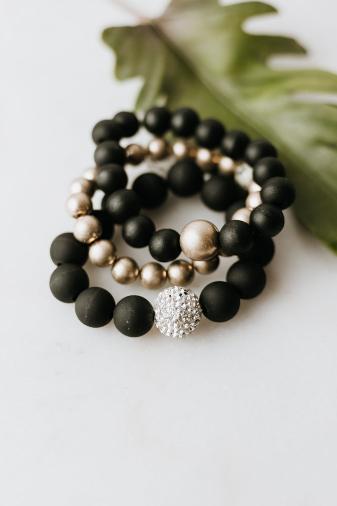 Thick 3 Strand Matte Bead &amp; Shamballa Bracelet Set (SALE)